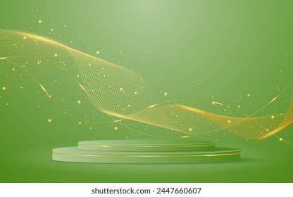 Green podium with elegant gold wave lines on the back for product presentation. Display of cosmetic products. Stage or podium. vector illustration	
