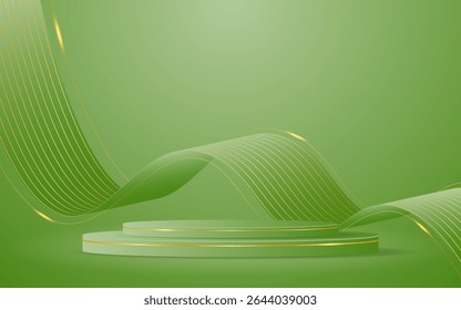 Green podium with elegant gold wave lines on the back for product presentation. Display of cosmetic products. Stage or podium. vector illustration	