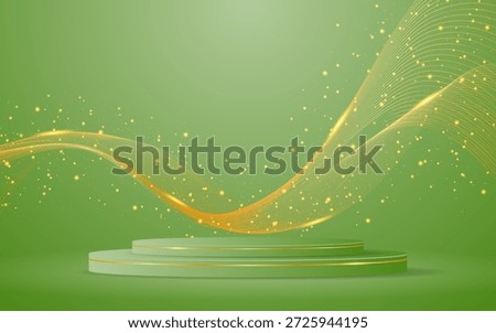 Green podium with elegant gold wave lines on the back for product presentation. Display of cosmetic products. Stage or podium. vector illustration