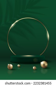 Green Podium with Golden Ring Frame and Pearls on Green Background with Blurred Palm Leaves. Vertical Banner. Vector Illustration.