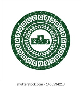 Green podium icon inside distressed rubber grunge texture stamp