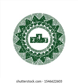 Green podium icon inside distressed rubber grunge stamp