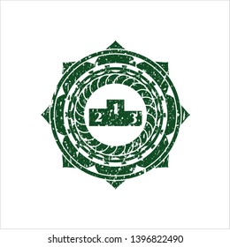 Green podium icon inside rubber stamp with grunge texture