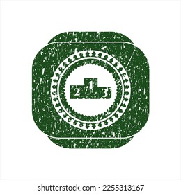 Green podium icon inside rubber seal with grunge texture. 