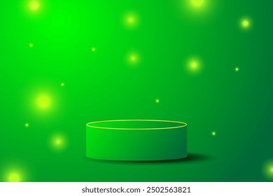 Podio verde con luz brillante de lujo sobre fondo verde adecuado para promociones, anuncios, Anuncios y carteles de ventas de productos.