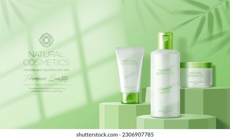 Green podium mockup with cosmetics, window shadow and bamboo leaves. Shampoo, skincare lotion or cream presentation showcase, luxury cosmetics package promotion platform realistic vector composition