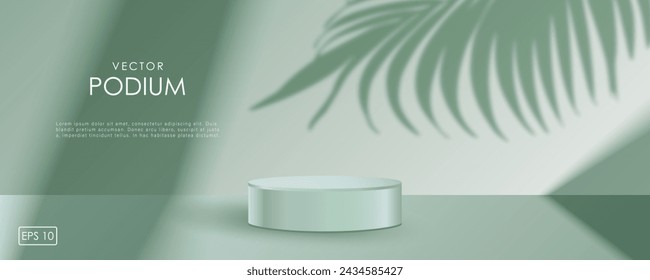 Maqueta de podio verde con sombra de ramas de palma. El pedestal de la sala de exposición del estudio, escenario de maqueta de la vitrina. Podio vectorial 3d para presentación de productos.