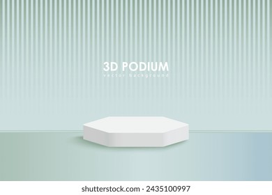 Green podium mockup. Studio showroom pedestal, showcase mockup stage. 3d vector podium for product presentation.