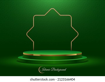 Green podium for premium product presentation. Podium stage with arabic golden arch on a islamic pattern background. Vector illustration.