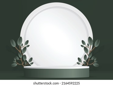 Green podium for products on green background and leaf decoration Abstract vector