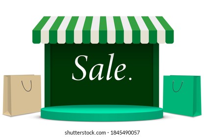 green podium with green shop background in the white studio room