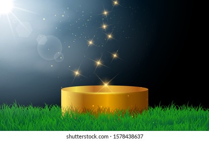 green podium with spotlight in the grass