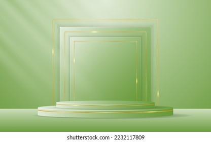 Green podium with green squares and elegant gold lines on the back for product presentation. Cosmetic product display. vector illustration	