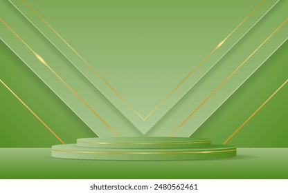 Podio verde con triángulo verde con elegante línea dorada en la parte posterior para la presentación del producto. Exhibición del producto cosmético. Escenario o podio. Ilustración vectorial