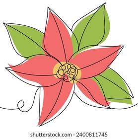 Green poinsettia branch with leaves and red flower, one line style. Floral collection of bright elegant plants for New Year and Christmas decorations. Vector illustration of icon.