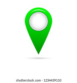 A green pointer. The marker on the map. Has a shadow. Within it surround the white circle. Plastic.