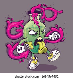Green Poison Bottle Character sticking out his tongue with pink liquid