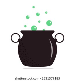 Green poison in a pot. A creepy magic soup boiling in a black cauldron. Halloween holiday. Vector illustration