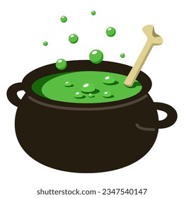 Green poison in pot vector isolated. Spooky magic soup boiling in black cauldron. Bone in the pot. Halloween party decoration. Spooky night.