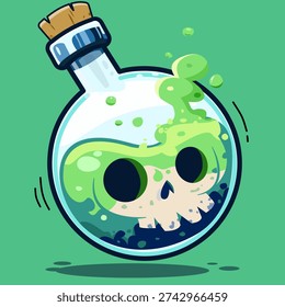 Green poison potion bottle vector illustration with skull inside and cork stopper on green background. Funny toxic potion flask with skull character flat design
