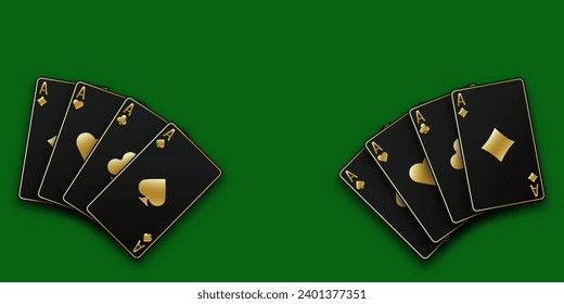 Green Poker or Casino table background. A hand fanned of playing cards consisting Ace of Spades, Diamonds, Clubs, Hearts. Vector illustration Casino or Poker of all the aces.