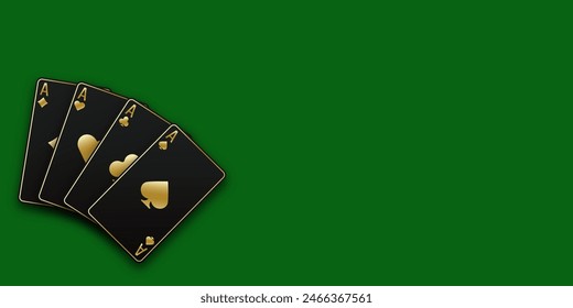 Fondo de mesa de póquer verde o casino. Una mano llena de cartas que consisten en As de picas, diamantes, palos, corazones. Ilustración vectorial Casino o Poker de todos los ases.