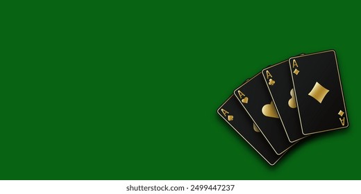 Green Poker or Casino table background. A hand fanned of playing cards consisting Ace of Spades, Diamonds, Clubs, Hearts. Vector illustration Casino or Poker of all the aces.