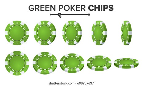 Green Poker Chips Vector. Realistic Set. Poker Game Chips Sign Isolated On White Background. Flip Different Angles. Success Concept Illustration.