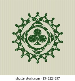 Green poker clover icon inside distressed with rubber seal texture