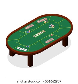 Green Poker Table Isometric View Casino Furniture for Interior Play Gambling Game. Vector illustration