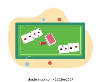 Green poker table, people playing gamble with cards and shuffling dice in casino. Character design. Vector flat illustration