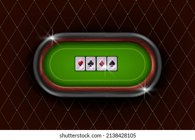 Green Poker Table Vector Background, Casino Blackjack Card Game UI Illustration, Wooden Round Frame. Playing Cloth Surface Online Gambling Board Top View, Card Velvet Texture. Royal Blank Poker Table