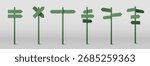 Green pole sign arrow collection with directional indicators and crossroads markers. Various multi directional posts, crossed signage layouts and pathway guidance elements for navigation design.
