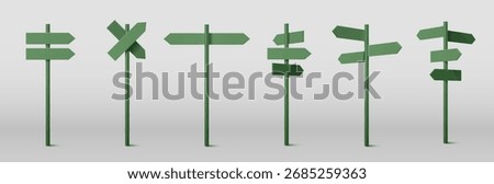 Green pole sign arrow collection with directional indicators and crossroads markers. Various multi directional posts, crossed signage layouts and pathway guidance elements for navigation design.