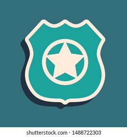 Green Police badge icon isolated on blue background. Sheriff badge sign. Long shadow style. Vector Illustration