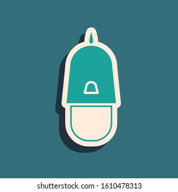 Green Police cap with cockade icon isolated on blue background. Police hat sign. Long shadow style. Vector Illustration