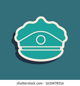Green Police cap with cockade icon isolated on blue background. Police hat sign. Long shadow style. Vector Illustration
