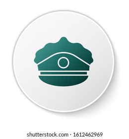 Green Police cap with cockade icon isolated on white background. Police hat sign. White circle button. Vector Illustration