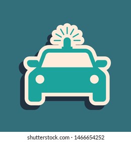 Green Police car and police flasher icon isolated on blue background. Emergency flashing siren. Long shadow style. Vector Illustration