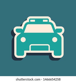 Green Police car and police flasher icon isolated on blue background. Emergency flashing siren. Long shadow style. Vector Illustration