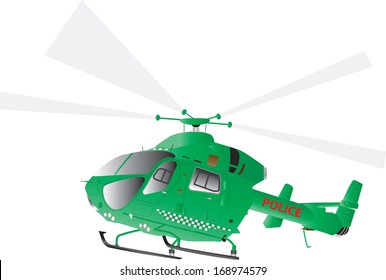 A Green Police Helicopter in Flight isolated on white