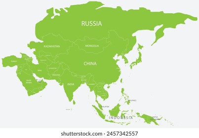 Mapa político verde de ASIA con fronteras de países blancos y etiquetas con nombres usando proyección ortográfica sobre fondo azul claro