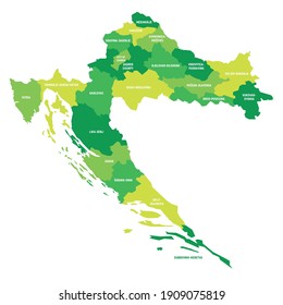 Green political map of Croatia. Administrative divisions - counties. Simple flat vector map with labels.