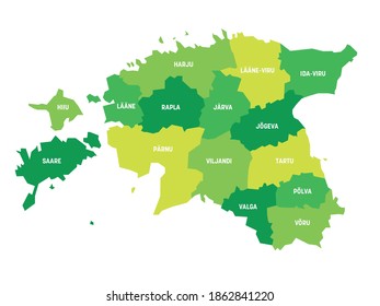 Mapa político verde de Estonia. Divisiones administrativas - condados. Mapa simple de vector plano con etiquetas.