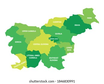 Green political map of Slovenia. Administrative divisions - statistical regions. Simple flat vector map with labels.