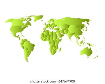 Green political map of World. Each state with own horizontal gradient. Vector illustration.