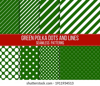 green polka dons and lines seamless vector patterns set