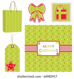 green polka dot christmas set with card, tag, bag, stamp and sticker