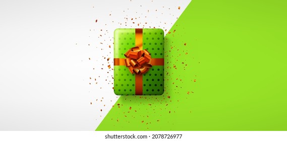 Green polka dot gift box with red bow. Christmas, birthday, Valentine's day present. Space for text. Vector holiday illustration.