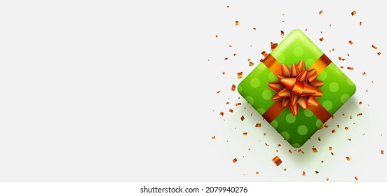 Green polka dot gift box with red bow. Christmas, birthday, Valentine's day present. Space for text. Vector holiday illustration.